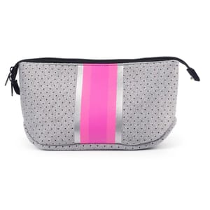 Gray and pink striped cosmetic bag with a zipper closure.