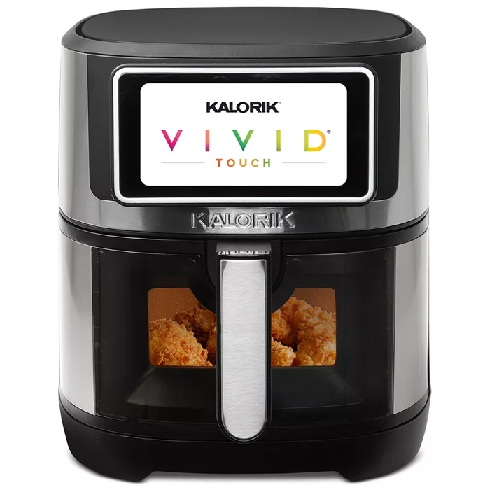 Kalorik Vivid Touch air fryer with a digital display and transparent cooking window, showing crispy food inside.