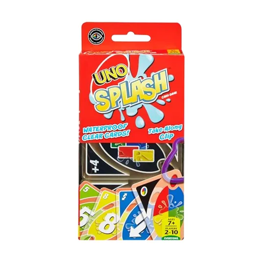 UNO Splash card game features waterproof clear cards and includes a take-along clip. Suitable for ages 7+ and accommodates 2 to 10 players.