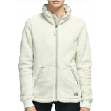 A cream-colored fleece jacket with a full front zipper and two pockets, featuring The North Face logo near the hem.