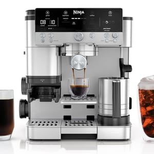 A Ninja coffee machine is shown with espresso brewing in a cup, alongside iced and regular coffee drinks.