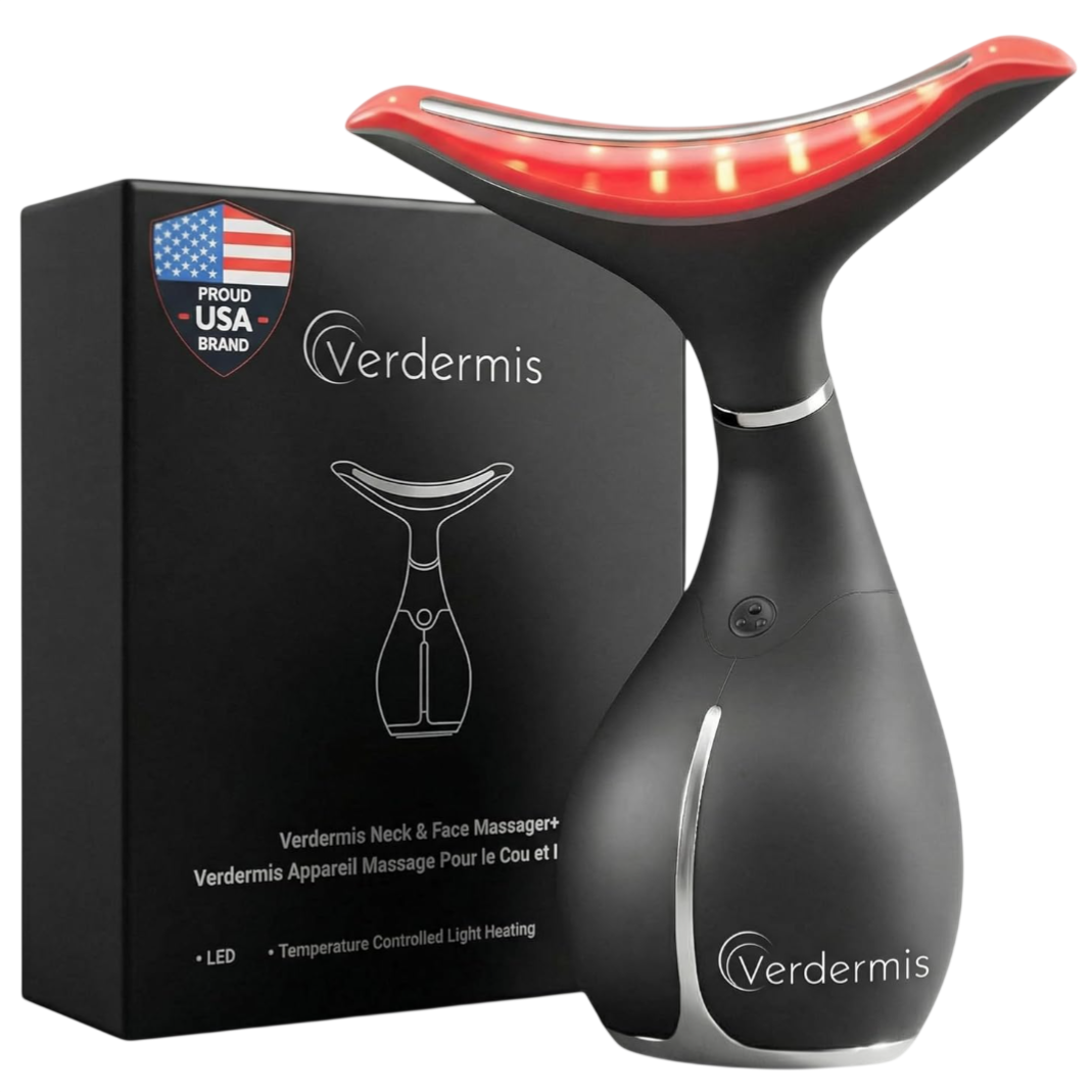 Verdermis Neck & Face Massager with LED and temperature-controlled light heating, labeled as a proud USA brand, features a sleek, ergonomic design.