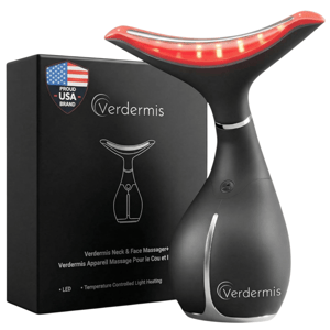 Verdermis Neck & Face Massager with LED and temperature-controlled light heating, labeled as a proud USA brand, features a sleek, ergonomic design.