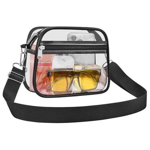 Clear crossbody bag with a black strap, containing a pair of yellow sunglasses, a pink bottle, and a white device.