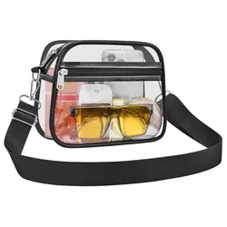 Clear crossbody bag with a black strap, containing a pair of yellow sunglasses, a pink bottle, and a white device.