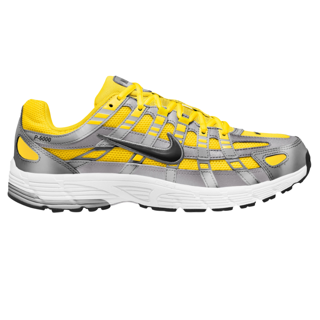 Nike P-6000 sneaker featuring a yellow and gray mesh upper, black swoosh, and a white cushioned sole.