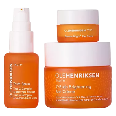 Ole Henriksen skincare set featuring Truth Serum with True C-Complex and aloe vera, Banana Bright Eye Crème, and C-Rush Brightening Gel Crème with vitamin C and Rose of Winter extract.