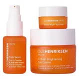 Ole Henriksen skincare set featuring Truth Serum with True C-Complex and aloe vera, Banana Bright Eye Crème, and C-Rush Brightening Gel Crème with vitamin C and Rose of Winter extract.