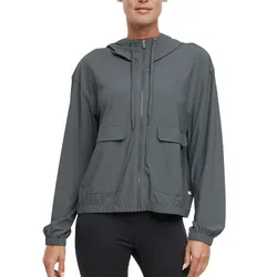 A person is wearing a dark gray zip-up hooded jacket with front pockets and elastic cuffs, paired with black leggings.