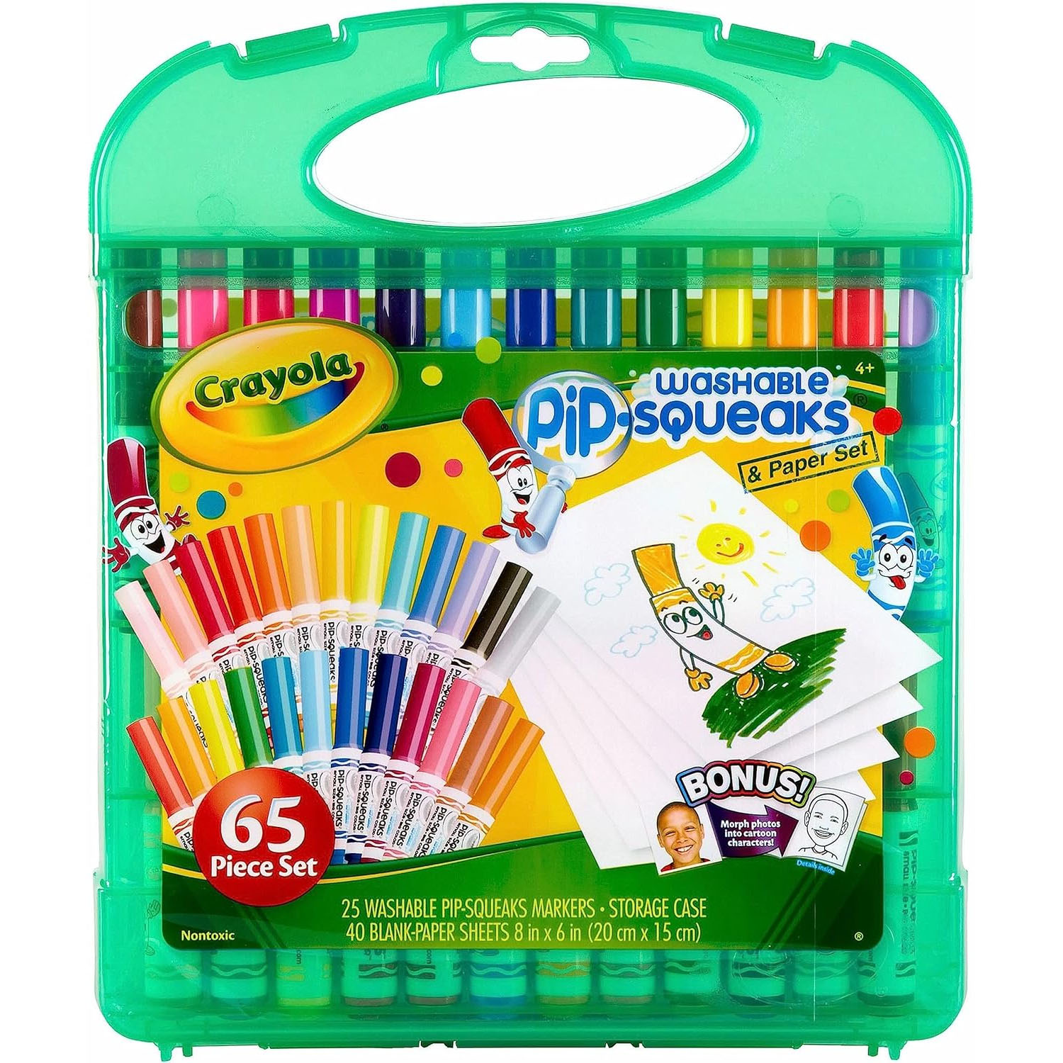 Crayola Pip-Squeaks & Paper Set includes 25 washable markers and 40 blank paper sheets (8x6 inches) in a portable case.
