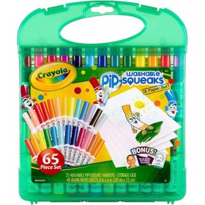 Crayola Pip-Squeaks & Paper Set includes 25 washable markers and 40 blank paper sheets (8x6 inches) in a portable case.