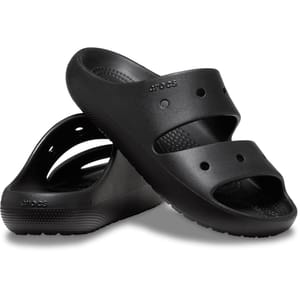 A pair of black Crocs slide sandals with a dual-strap design and side ventilation holes.