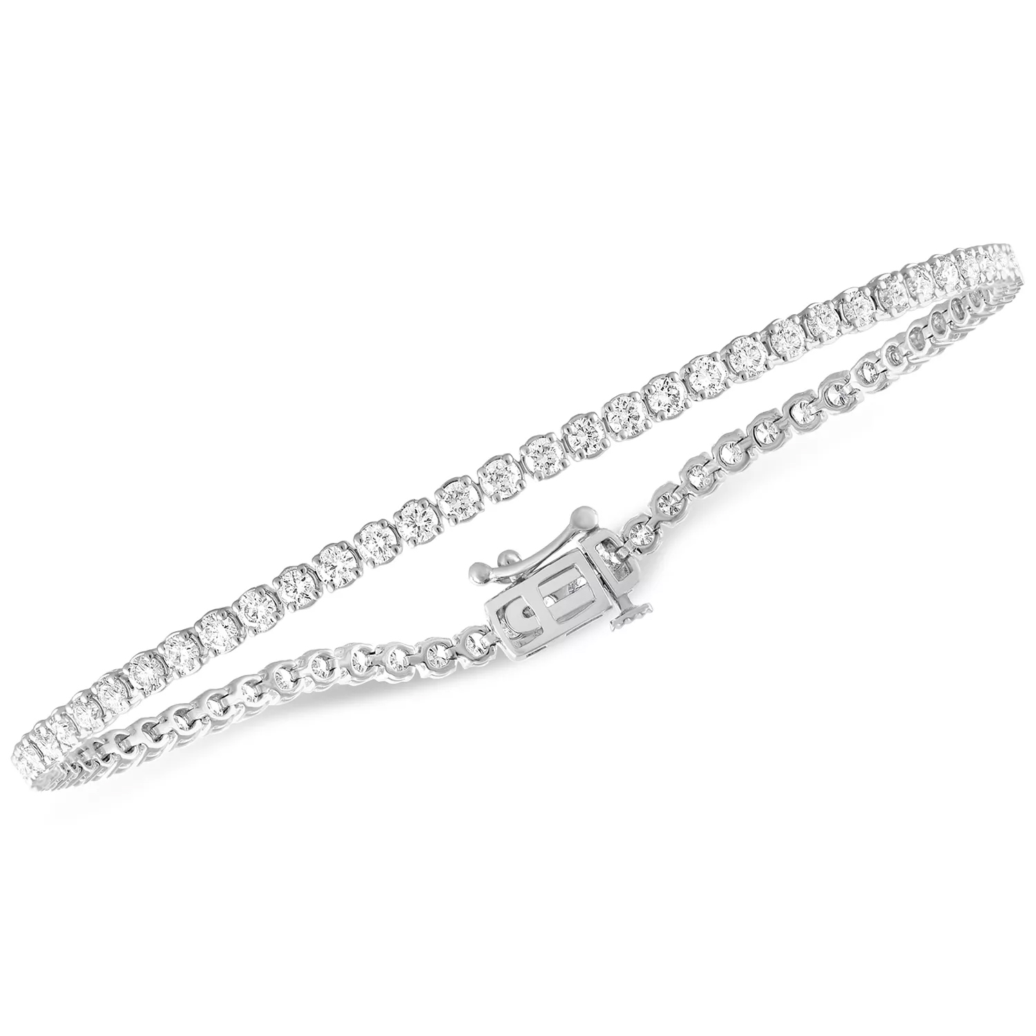 A delicate silver bracelet with a row of sparkling round-cut stones and a secure clasp.