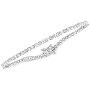 A delicate silver bracelet with a row of sparkling round-cut stones and a secure clasp.