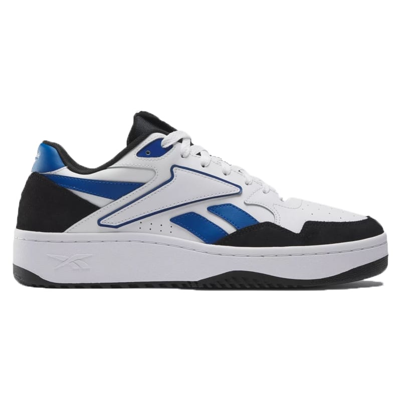 White, black, and blue leather basketball shoes with a prominent star-shaped design on the side and a thick, layered sole.
