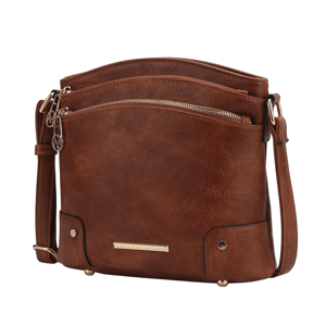 Brown leather crossbody bag with two front zippered pockets, a long adjustable strap, and shiny gold-tone accents, including a metal plate labeled \“MIA K COLLECTION.\“