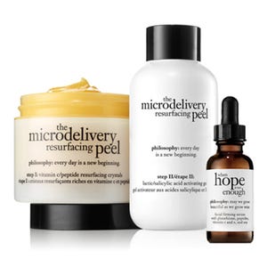 The 3pc Philosophy Peel & Firming Kit includes a microdelivery resurfacing peel kit with vitamin C/peptide crystals, a lactic/salicylic acid activating gel, and a \“when hope is not enough\“ facial firming serum.