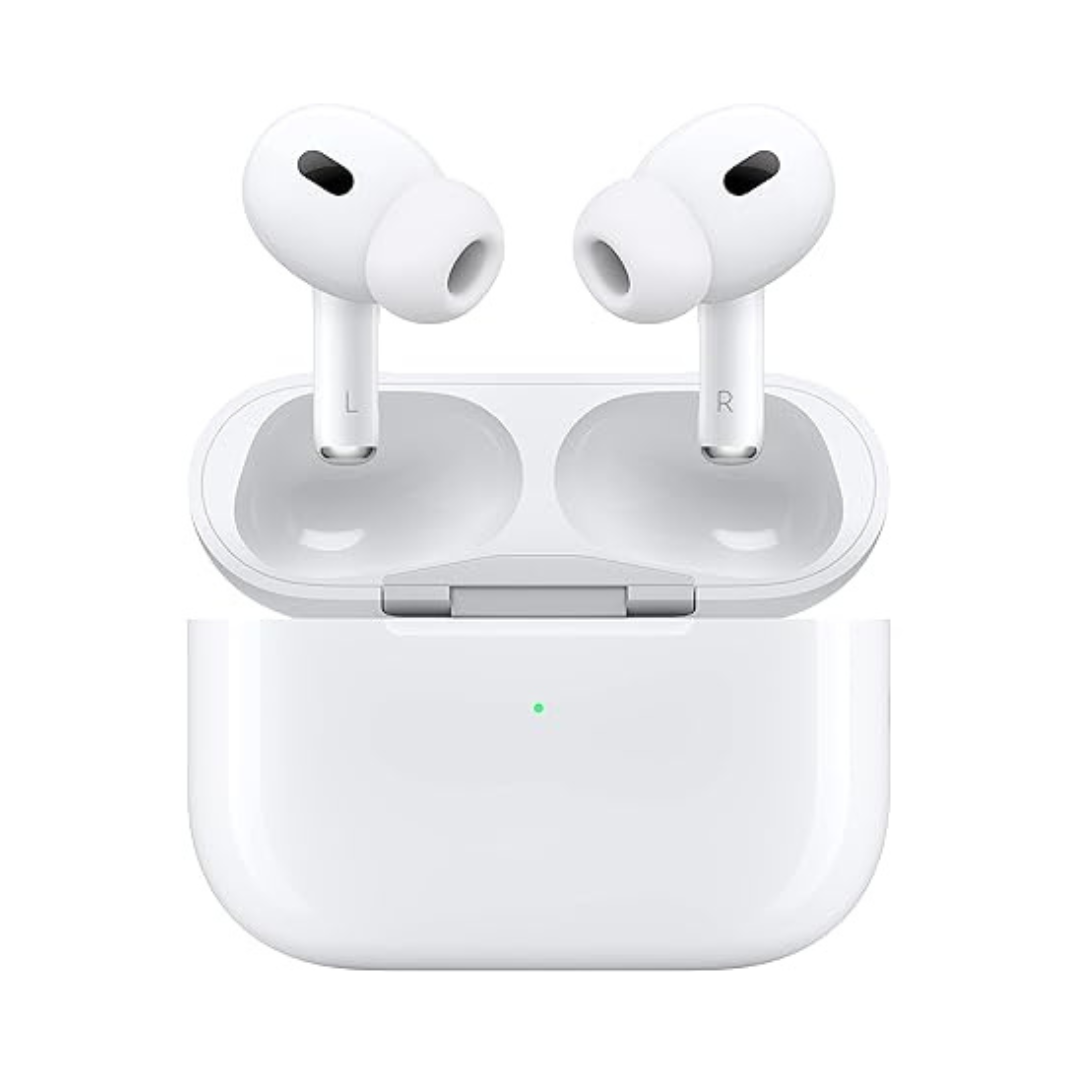 Wireless earbuds with a charging case, designed in white, featuring silicone ear tips and marked with \“L\“ and \“R\“ indicators.