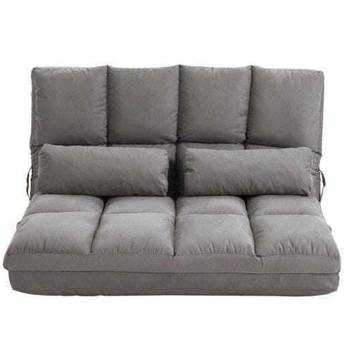 A gray, tufted foldable futon sofa bed with two rectangular back cushions.