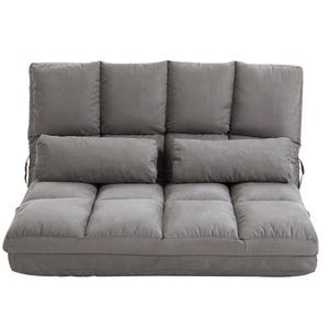 A gray, tufted foldable futon sofa bed with two rectangular back cushions.