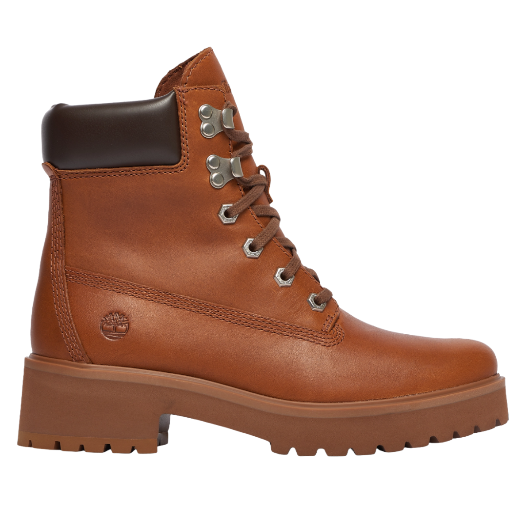 A tan leather ankle boot with a padded dark brown collar, metal eyelets, and a block heel. Features include a lug sole and side branding.