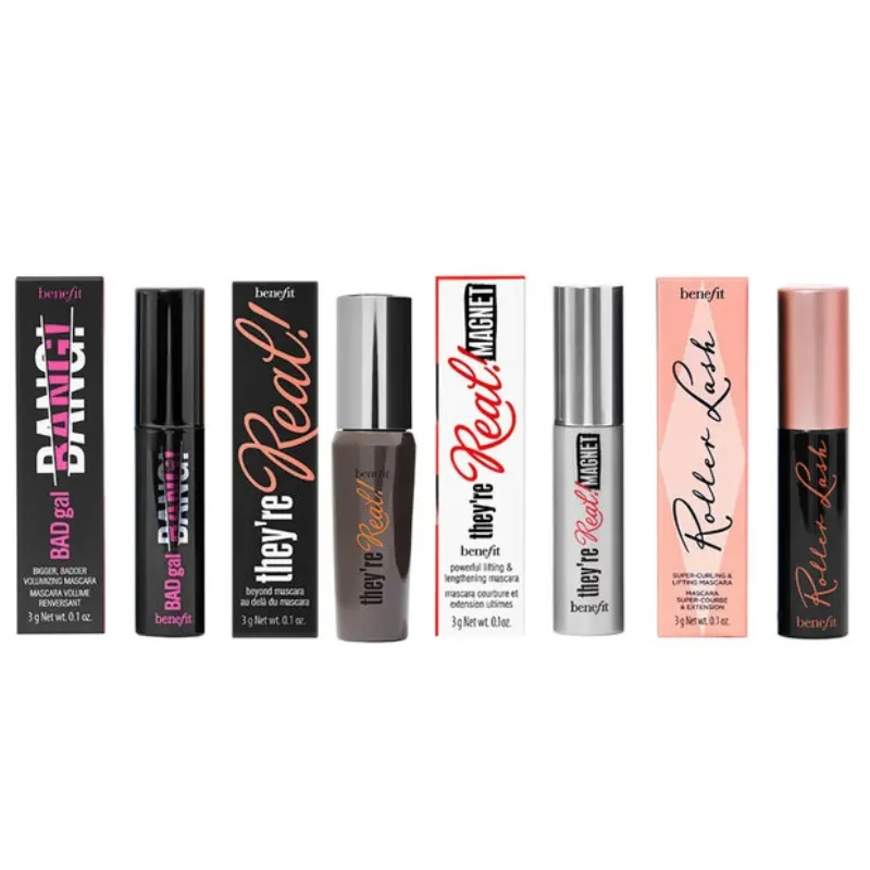 Benefit Cosmetics mascaras: BADgal BANG! Volumizing, They're Real! Lengthening, They're Real! Magnet, and Roller Lash Curling.