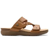 A brown sandal featuring a braided strap design with adjustable closures and a contoured footbed for comfort.