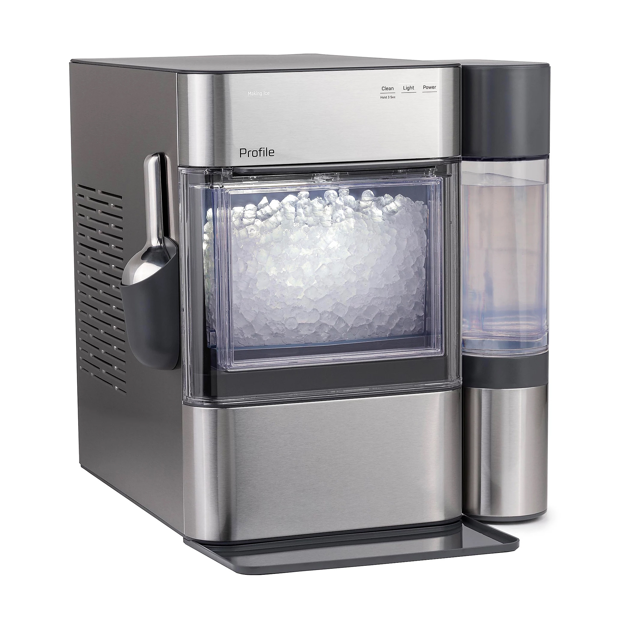 The GE Countertop XL Ice Maker is a stainless steel appliance featuring an ice scoop holder and a side water reservoir, designed to produce nugget ice efficiently.