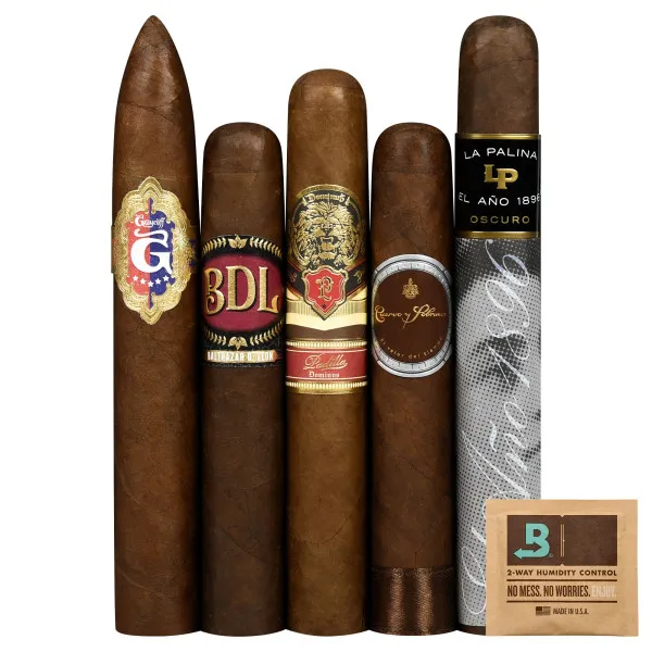 A variety of five cigars with ornate bands are displayed alongside a Boveda two-way humidity control pack.