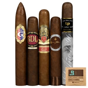 A variety of five cigars with ornate bands are displayed alongside a Boveda two-way humidity control pack.