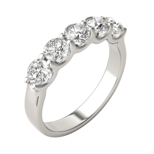 A platinum ring features five round-cut diamonds set in a shared prong design.