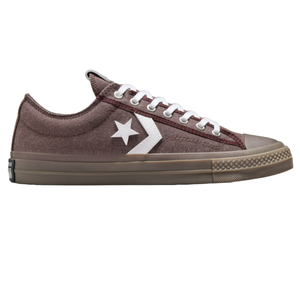 The Converse Star Player 76 Shoes are low-top sneakers with a brown canvas upper, white laces, and distinctive white chevron and star branding on the side. They feature a rubber toe cap and brown rubber sole.