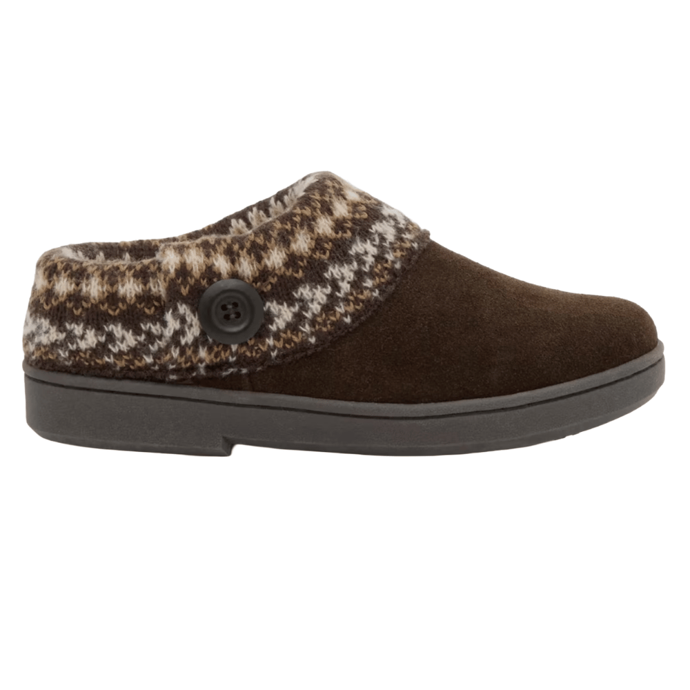 A brown slipper with a houndstooth-patterned cuff and a button accent, featuring a thick sole for comfort.