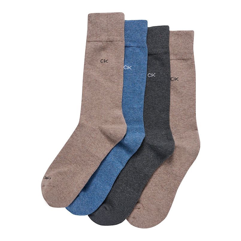 4-pack of Calvin Klein Hybrid Dress Socks in beige, blue, and dark grey tones, featuring a subtle \“CK\“ logo near the top.