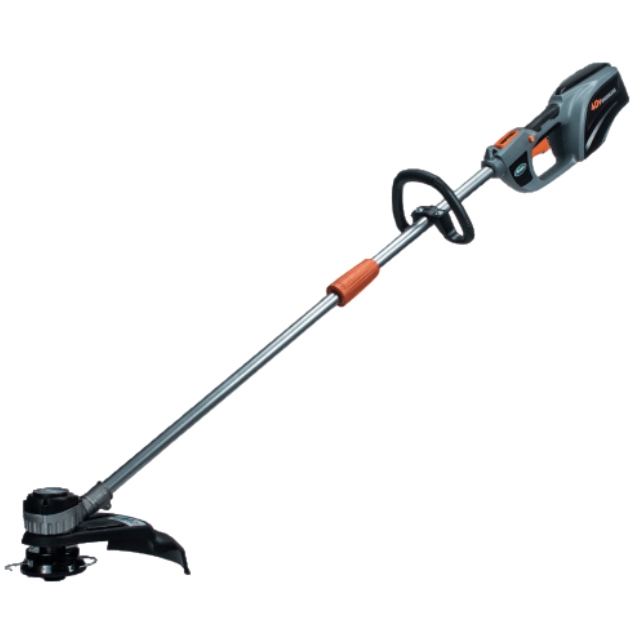 A Scotts cordless string trimmer featuring a long metal shaft, an adjustable handle, and a battery-operated motor with an ergonomic grip, designed for trimming grass and weeds.
