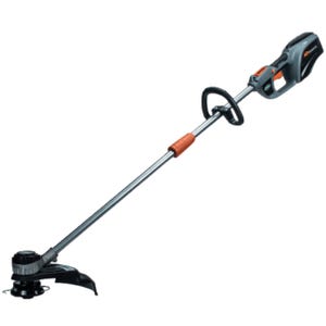 A Scotts cordless string trimmer featuring a long metal shaft, an adjustable handle, and a battery-operated motor with an ergonomic grip, designed for trimming grass and weeds.