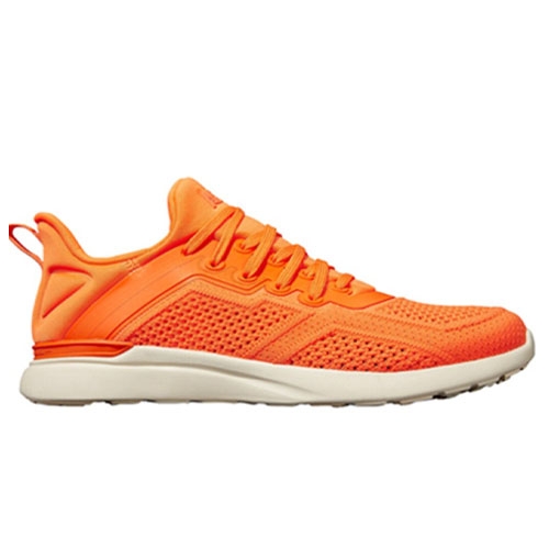 A single bright orange sneaker with a white sole and mesh upper design.