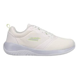 White athletic shoe with the Avia logo, featuring a white sole and subtle design details.