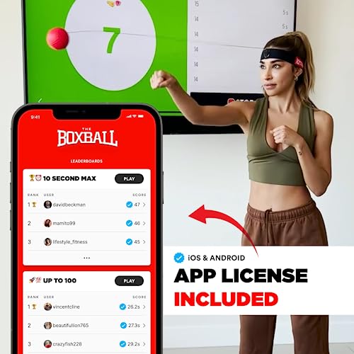 Boxbollen set includes a headband with an attached elastic ball for training or fun and a mobile app for iOS and Android, featuring leaderboards and score tracking.