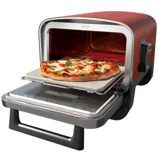 Ninja countertop pizza oven with a pizza cooking inside, featuring a pull-down door and a pizza stone for baking.
