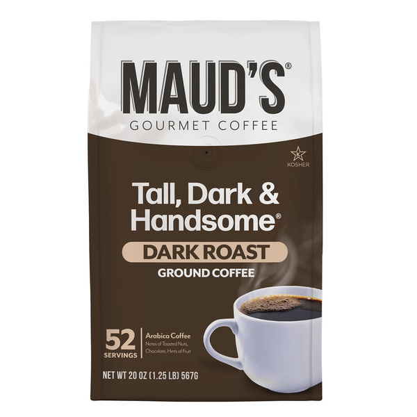 Maud's Gourmet Coffee, \“Tall, Dark & Handsome\“ Dark Roast, ground coffee, 20 oz (1.25 lb). Offers 52 servings of Arabica coffee with notes of toasted nuts, chocolate, and hints of fruit. Kosher certified.