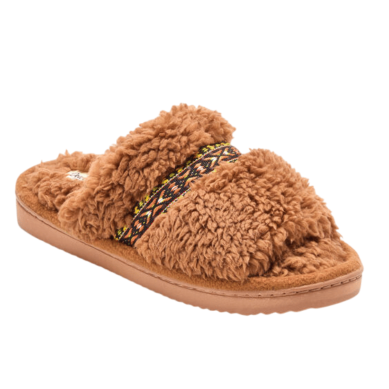 A brown, fuzzy slide sandal with a thick, textured sole and a multicolored, woven design on the strap.
