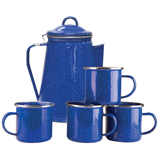 Blue speckled enamelware set featuring a classic percolator and four matching mugs.