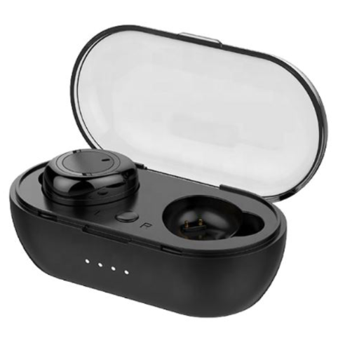 A black wireless earbud set with a charging case, featuring one visible earbud and a transparent lid.