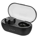 A black wireless earbud set with a charging case, featuring one visible earbud and a transparent lid.