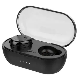 A black wireless earbud set with a charging case, featuring one visible earbud and a transparent lid.