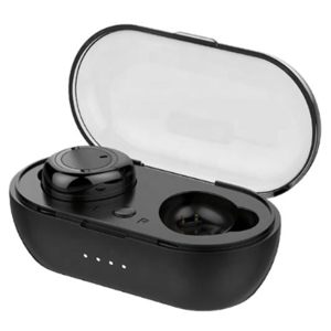 A black wireless earbud set with a charging case, featuring one visible earbud and a transparent lid.