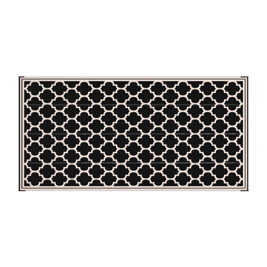 A rectangular decorative floor or wall grille featuring a black geometric interlocking quatrefoil pattern with a beige border.