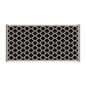 A rectangular decorative floor or wall grille featuring a black geometric interlocking quatrefoil pattern with a beige border.