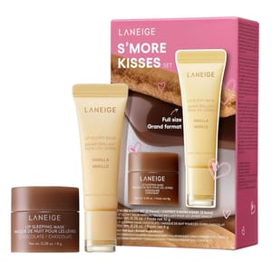 LANEIGE S'more Kisses Set includes a full-size Vanilla Lip Glowy Balm (10g) and a Chocolate Lip Sleeping Mask (8g) for lip care.